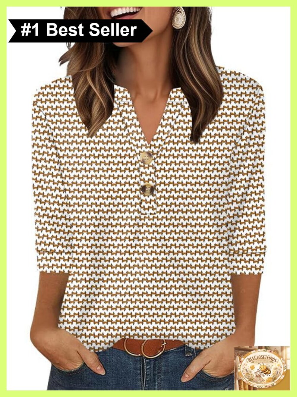 Womens 3/4 Sleeve V-Neck Henley Top Button Down Blouse